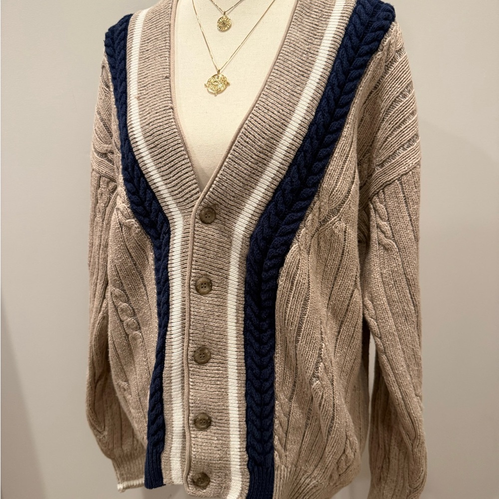 Chunky Knit Cardigan with Navy and Cream Accents